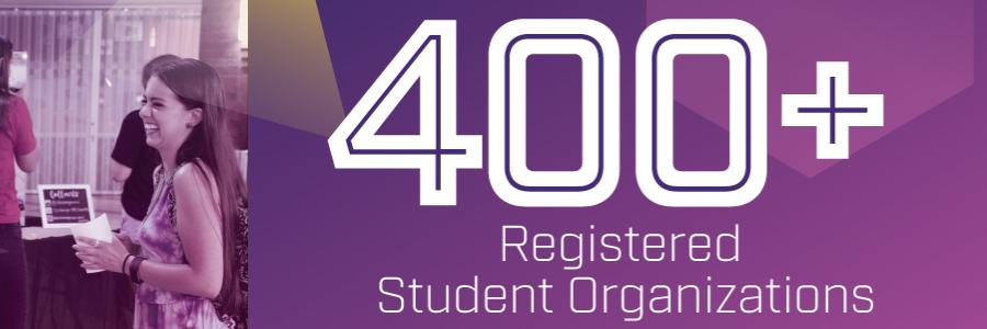 White text reading "400+ Registered Student Organizations against purple background"