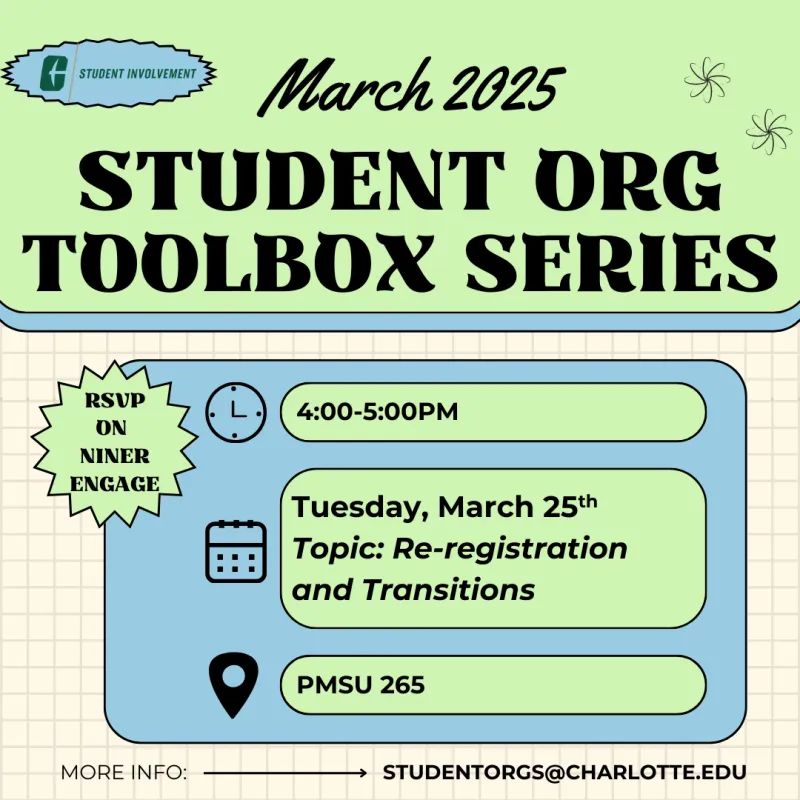 March 2025 toolbox series workshop is Tuesday, March 25th from 4-5pm in Student Union 265 with a focus on re-registration and transitions.